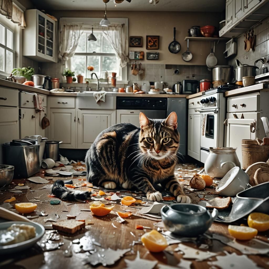 Hyperrealistic Kitchen Scene with Cat and Shattered Things