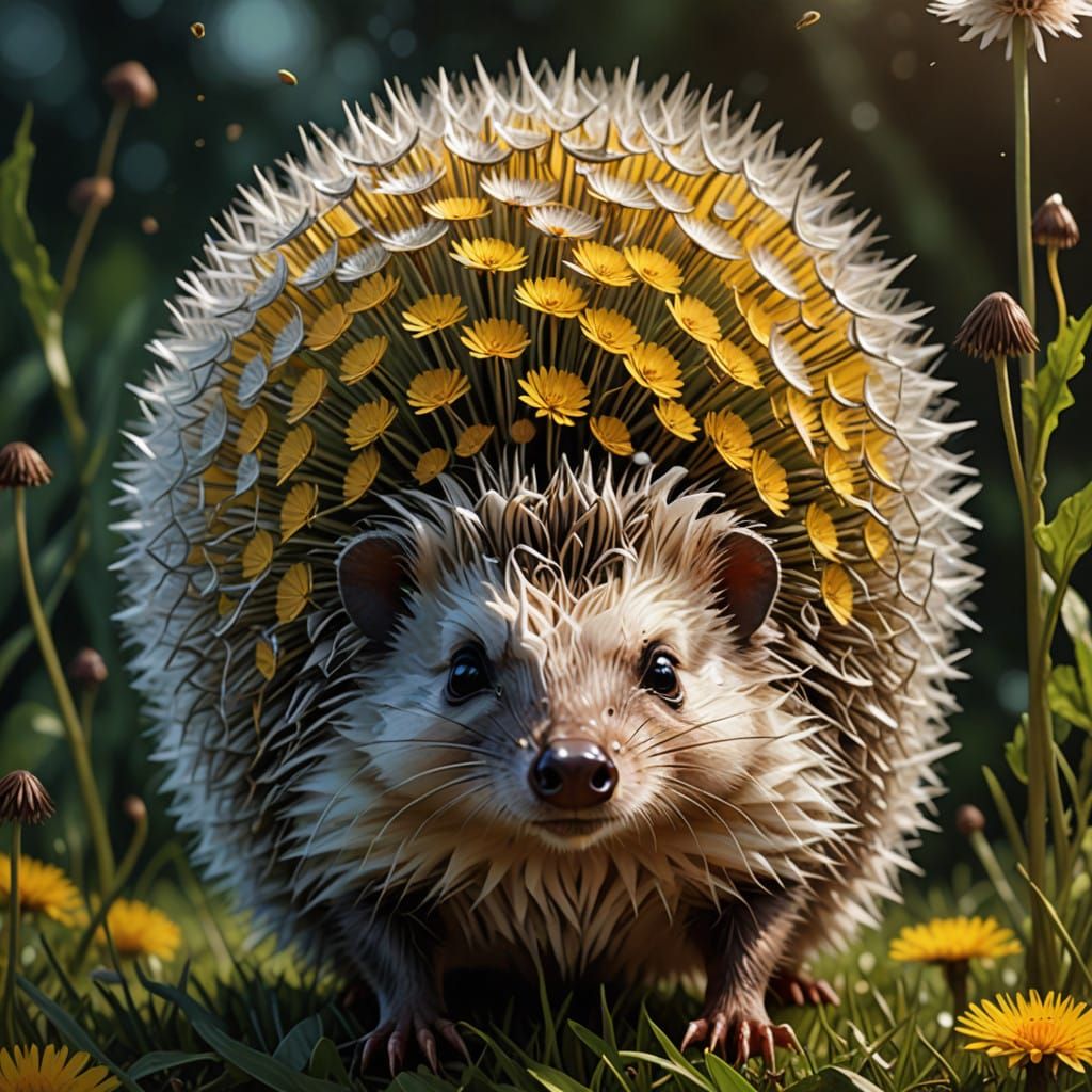 Vibrant Hedgehog Amidst Dazzling Dandelions in Cyberpunk Dig...