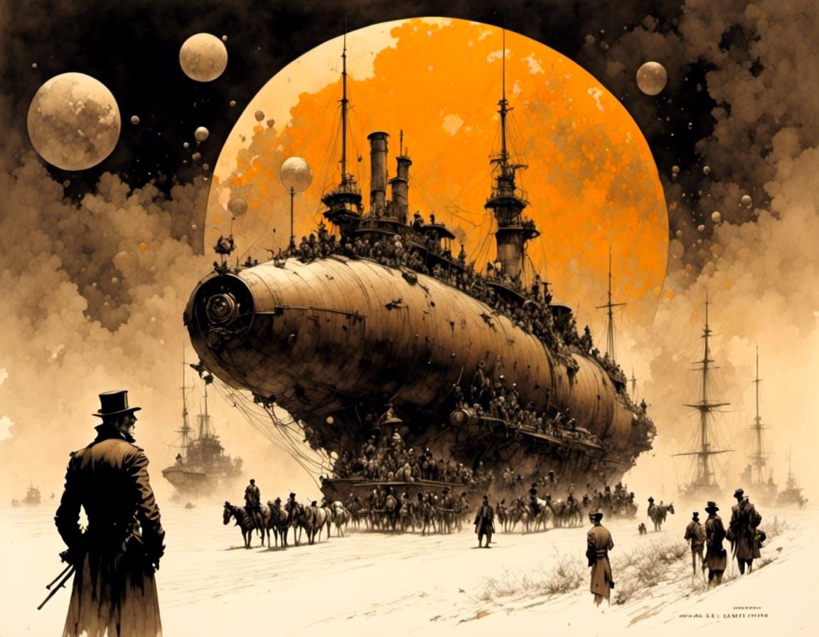 Classic Jules Verne Illustration in Sepia Tones