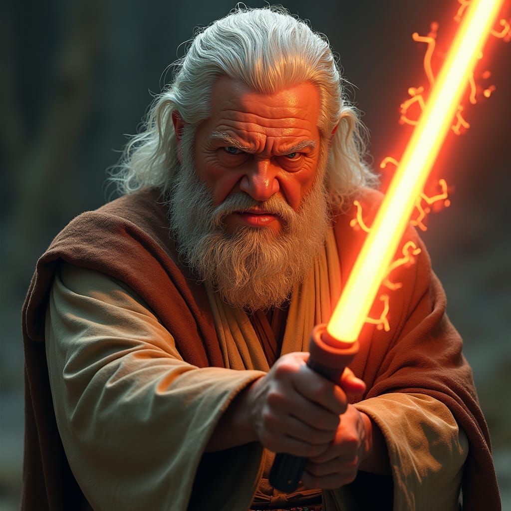 Fierce Warrior in Jedi Robes with Lightsaber