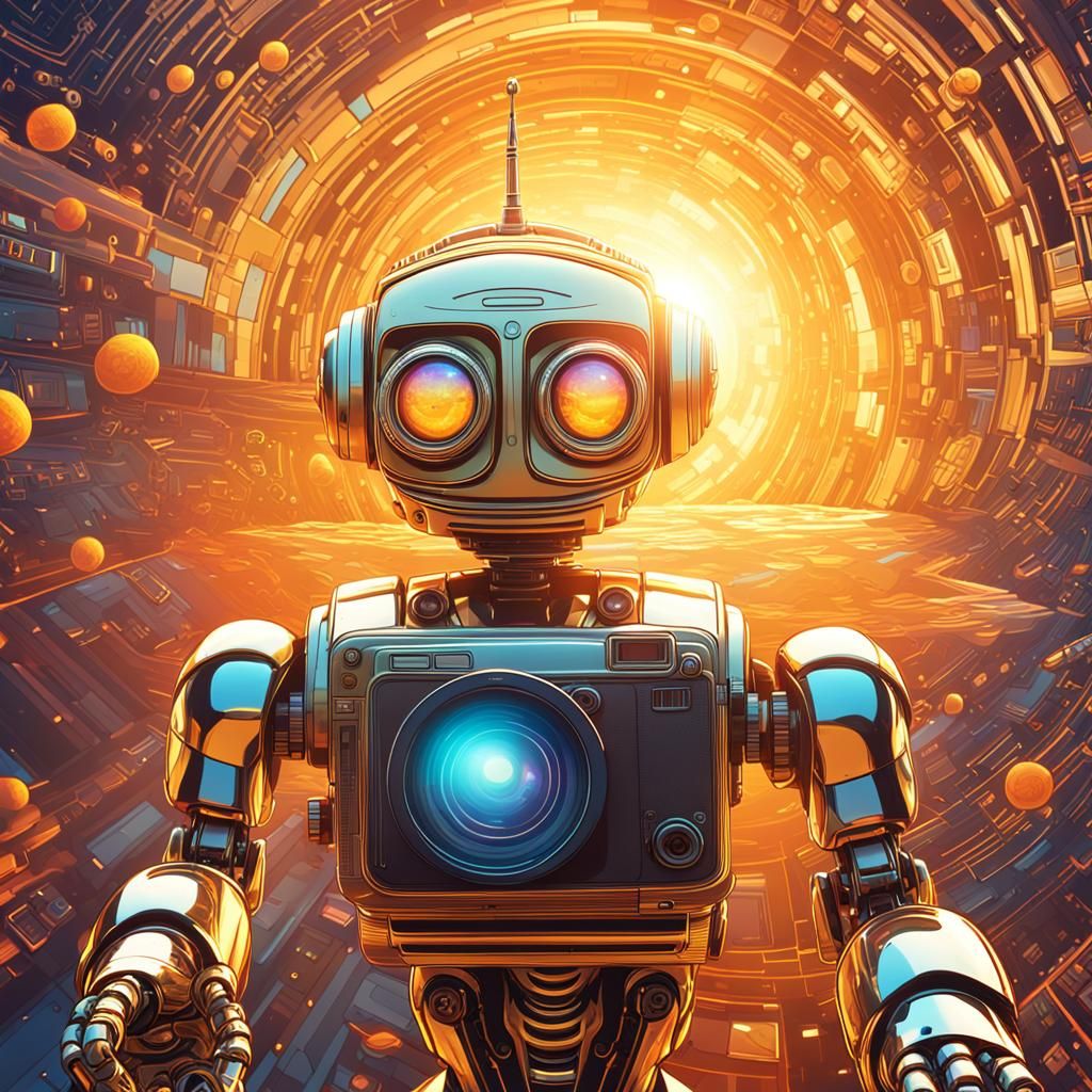 Futuristic Robot Captures Cosmic Sunrise, Digital Art