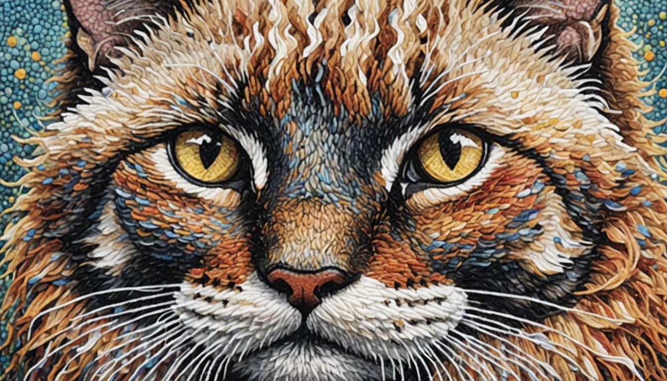 Pointillist Cat Portrait with Yarn Ball
