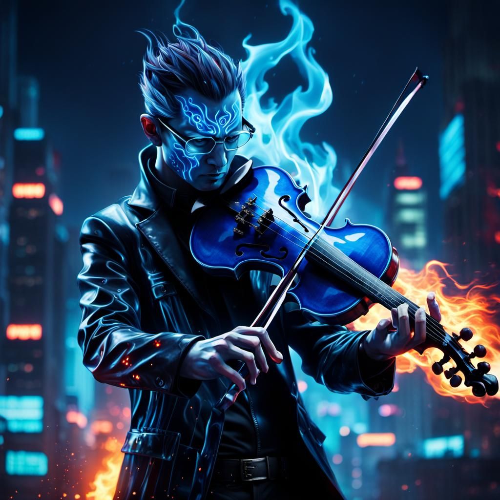 Cyberpunk Demon's Violin with Flaming Bow