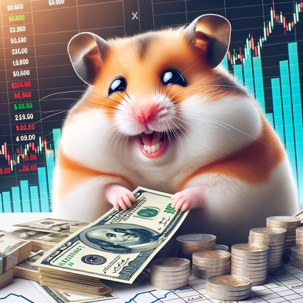 Cheery Hamster Counts Money on Stock Market Charts