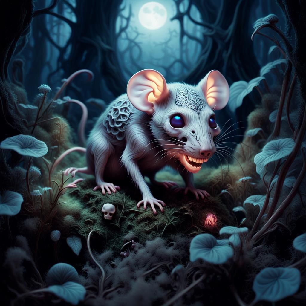 Ethereal Skull Rat Scrambles Through Mystical Undergrowth