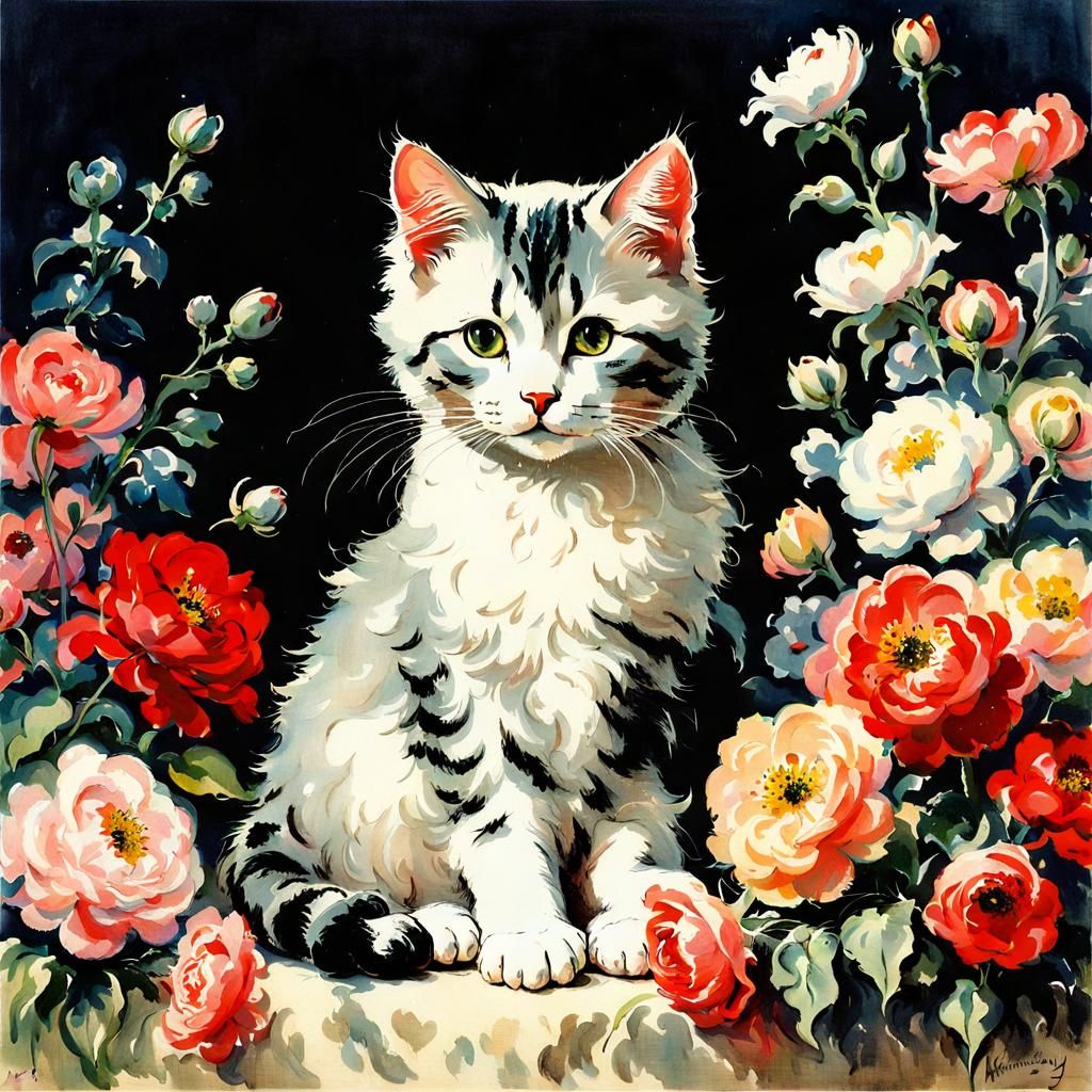 Cat Surrounded by Flowers in Art Nouveau Style