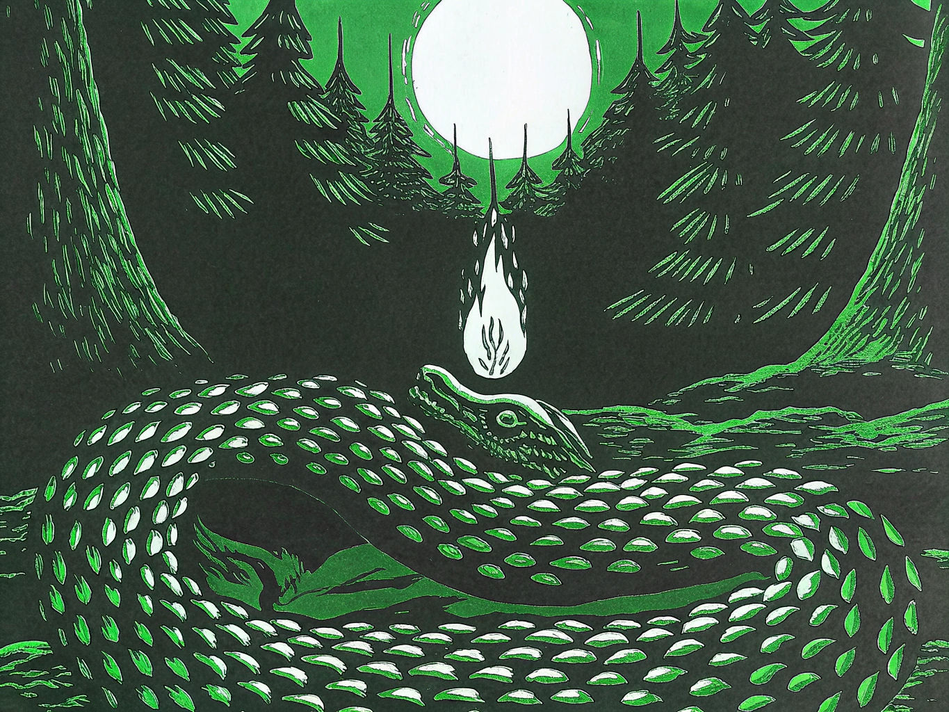 Glass Serpent Coils Around Frozen Flame