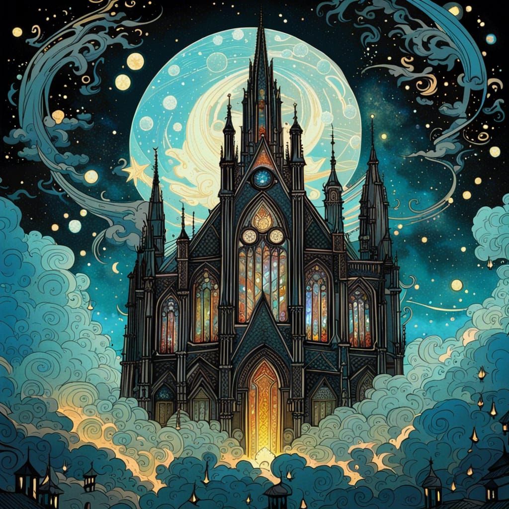 Flying Gothic Cathedral in a Magic Sky