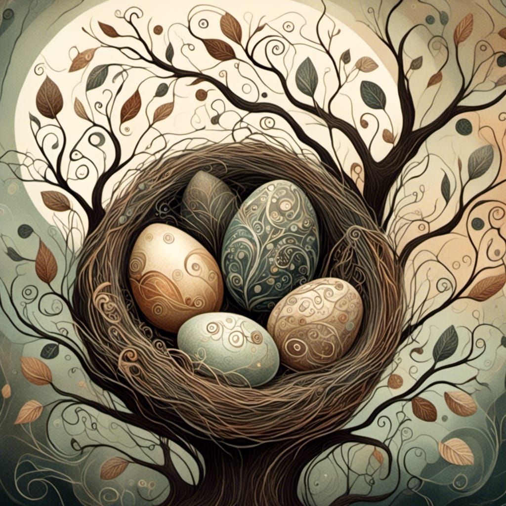 Whimsical Nest Illustration in Watercolor Style