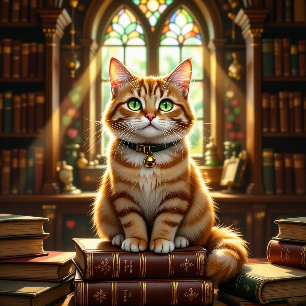 Ginger Cat in Library, Beatrix Potter Style Illustration