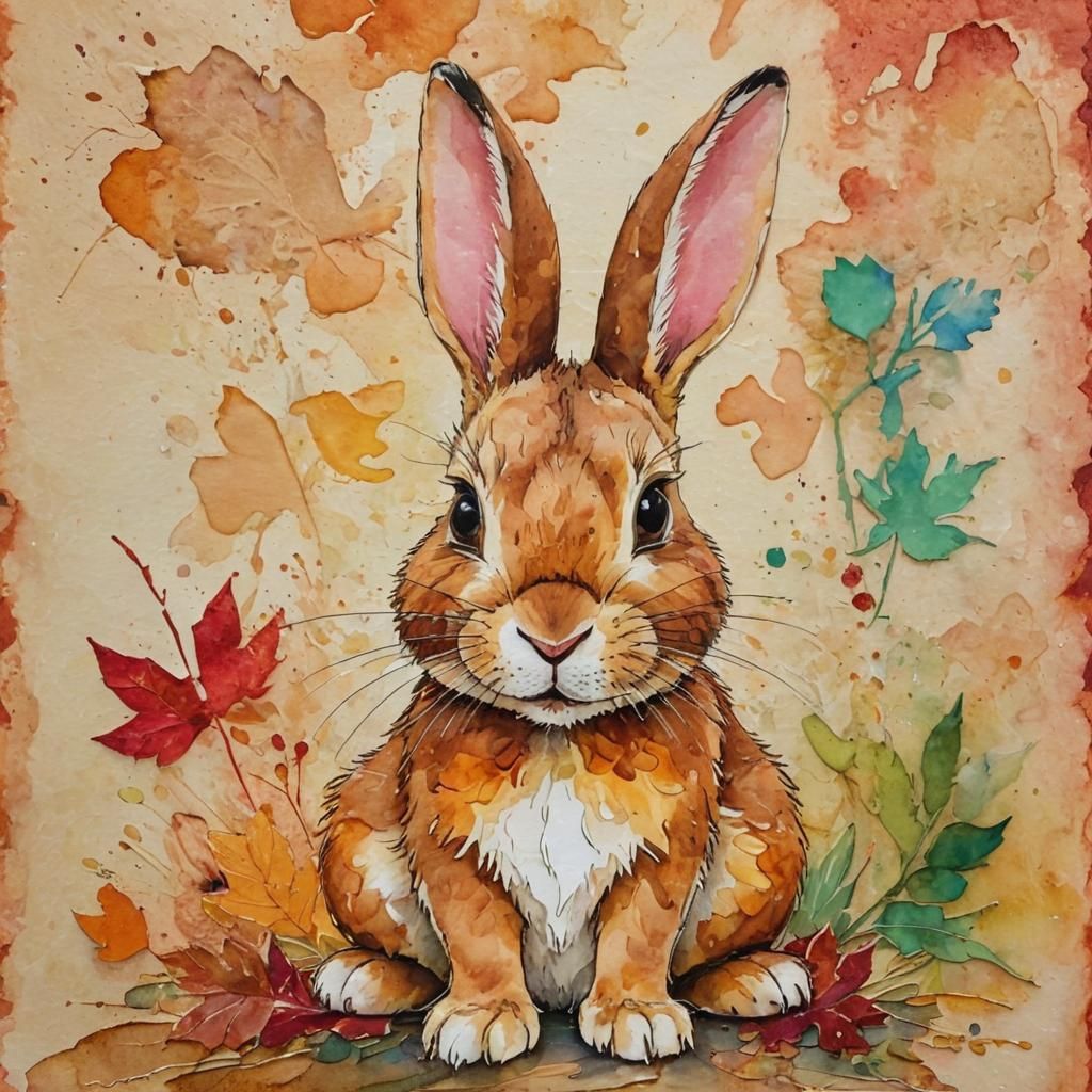 Thanksgiving Card with Cute Rabbit in Impressionist Collage