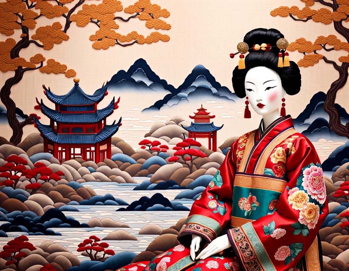 Hyperrealistic Silk Patchwork Masterpiece in Traditional Chi...