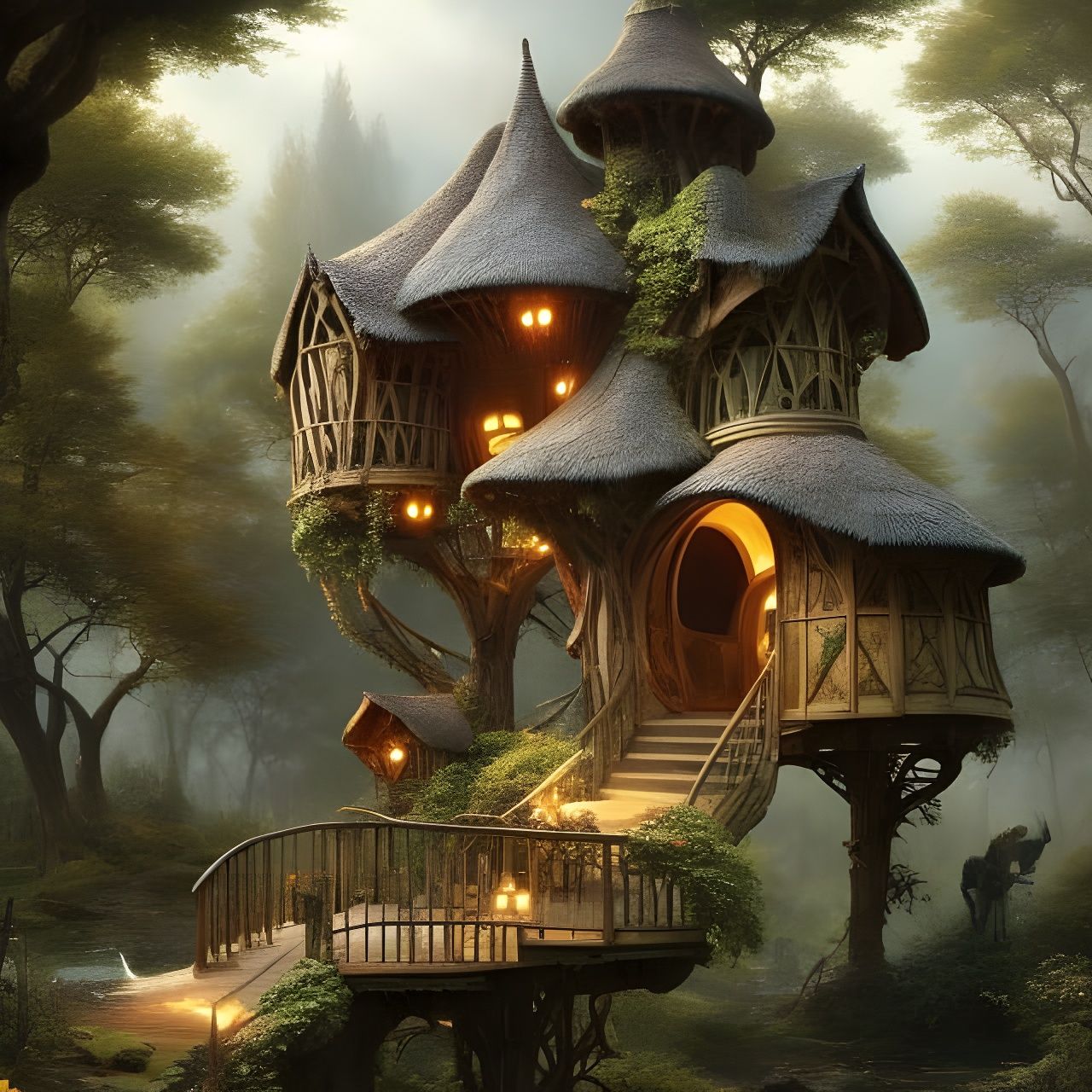 Enchanted Hobbit Treehouse in a Detailed Garden