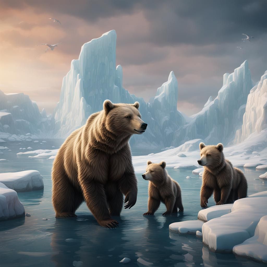 Polar Bear Mother and Cubs in Arctic Landscape