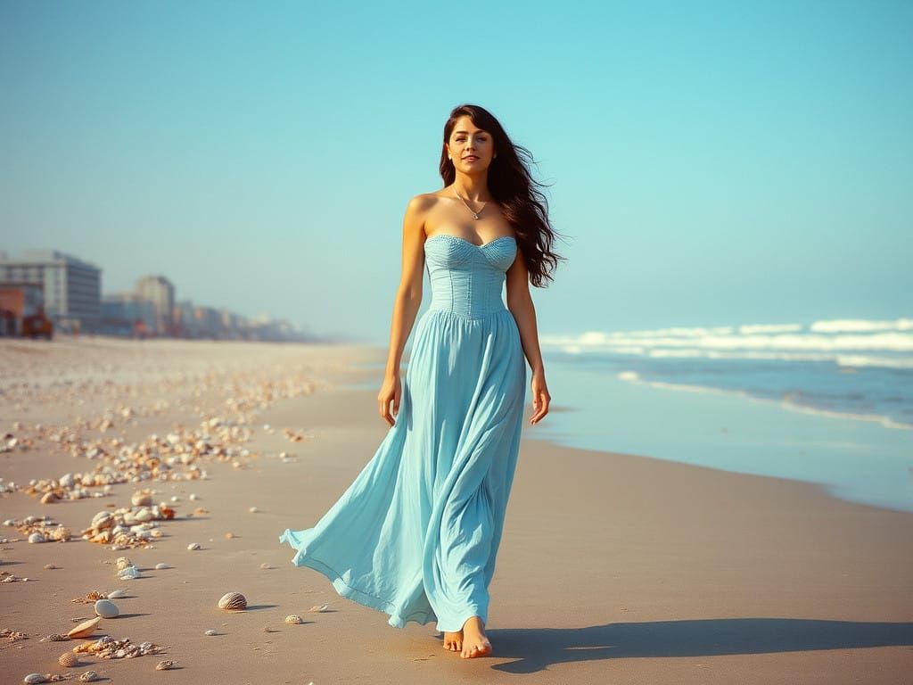 Barefoot Lady on Winter Beach in Victorian Style