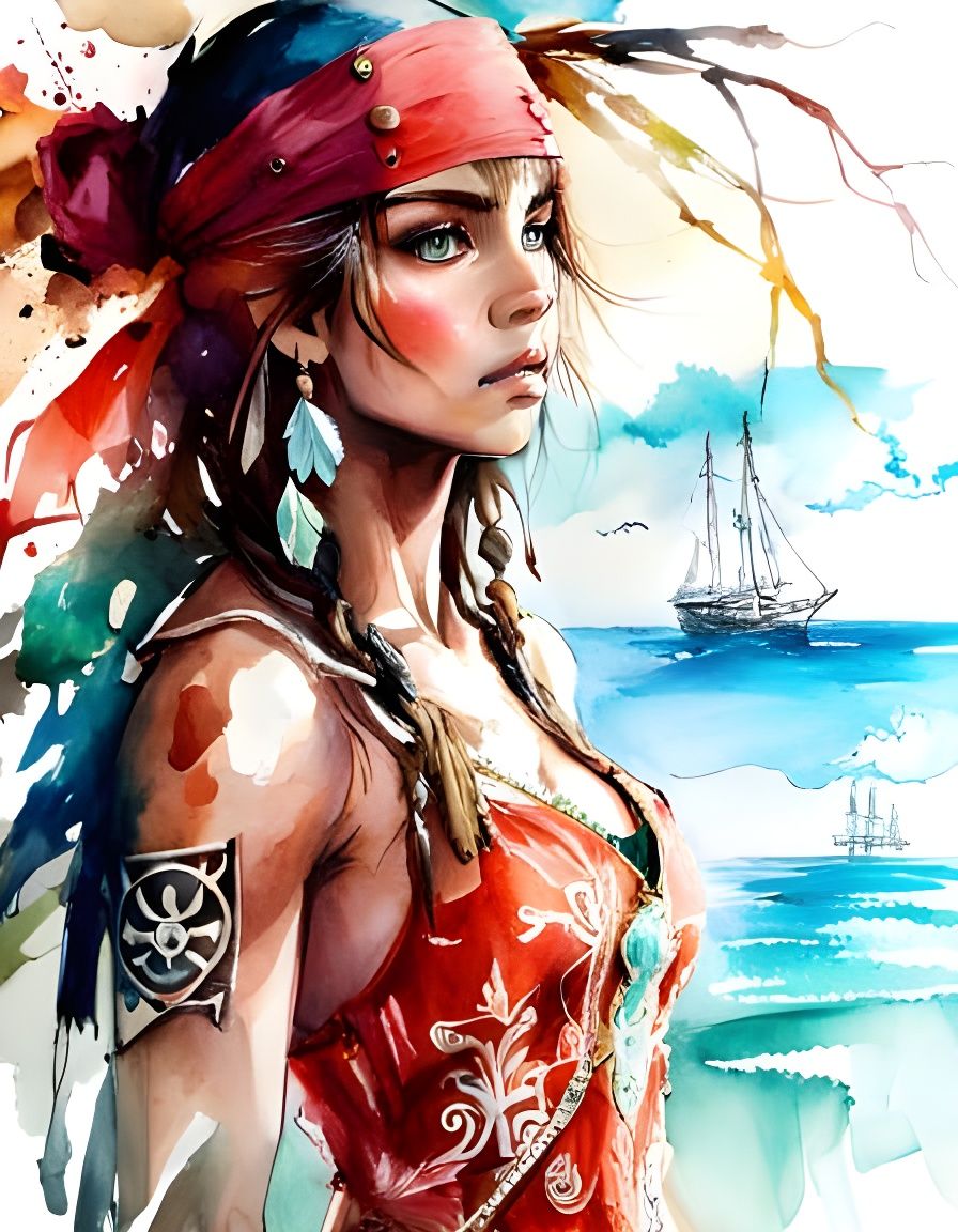 Anime Pirate Woman in Watercolor Style
