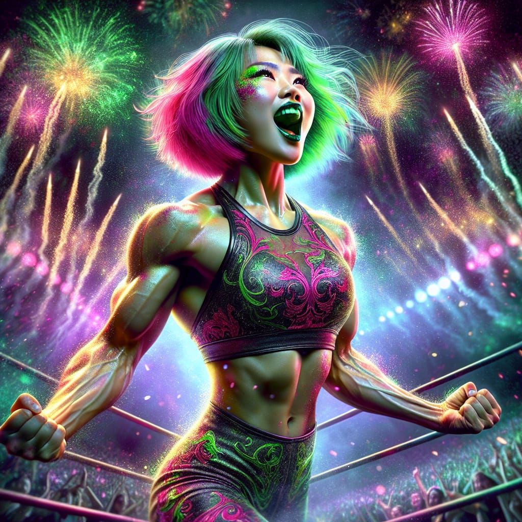Champion Wrestler's Ecstatic Victory Under Fireworks