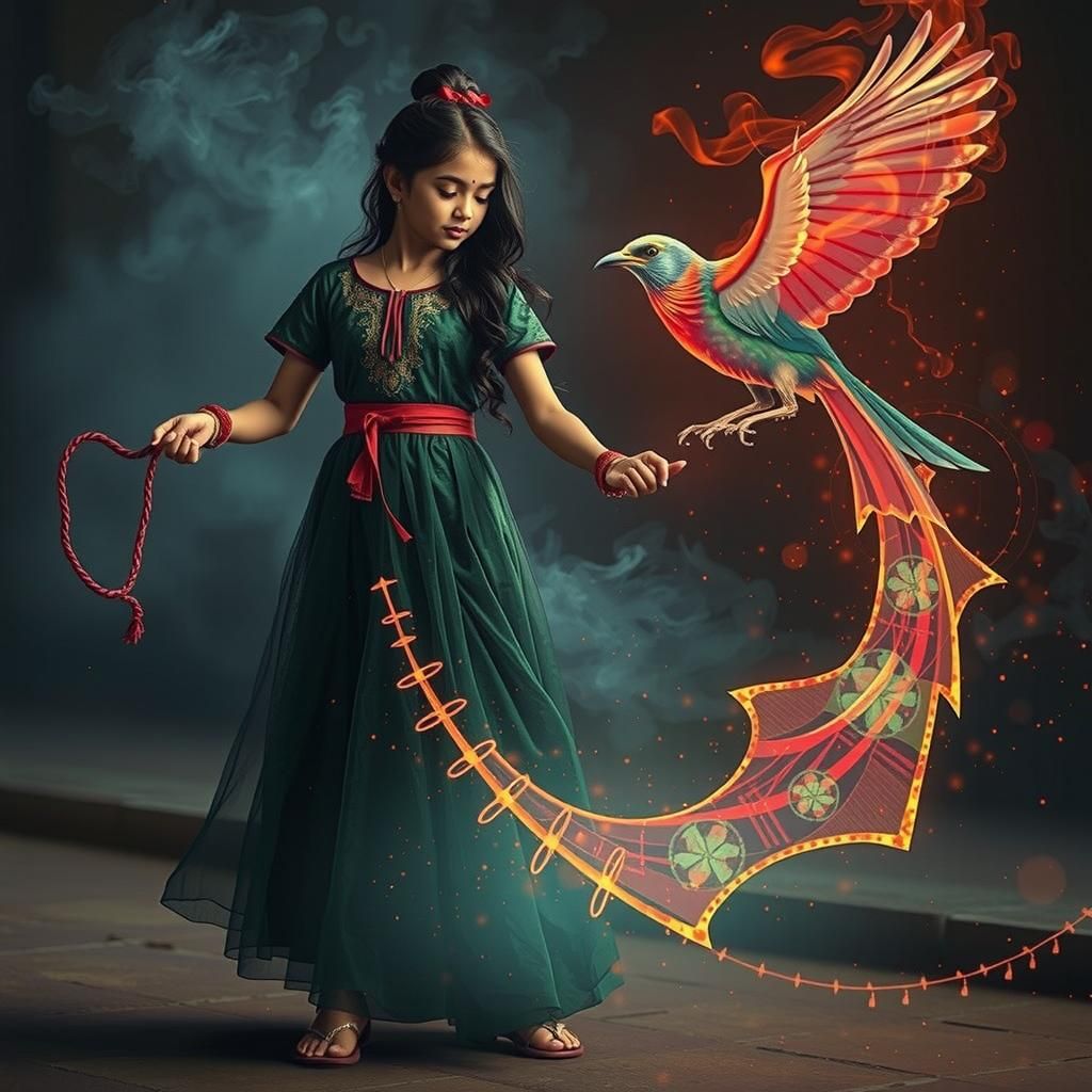 Mystical Indian Goddess Interacts with Glowing Sunbird Patro...