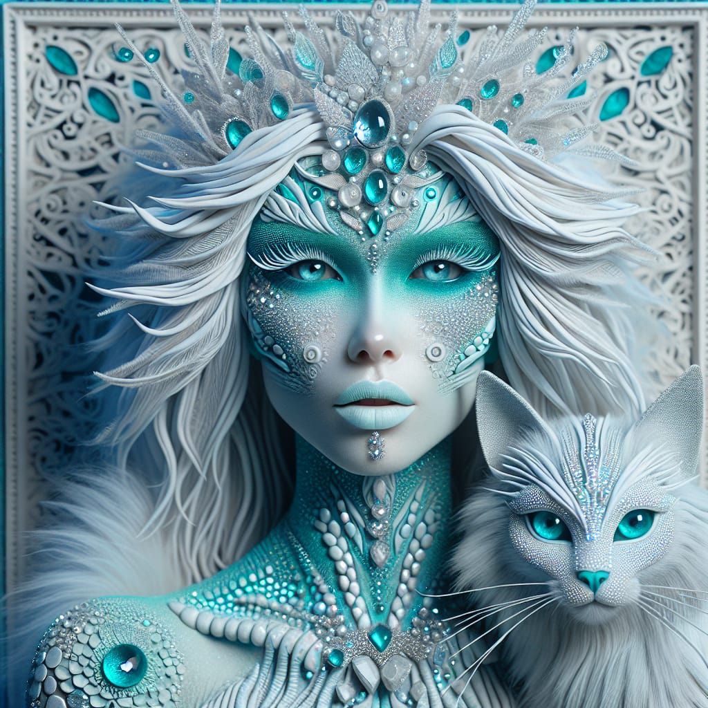 Ethereal Turquoise Woman with Diamond Hair and Feline