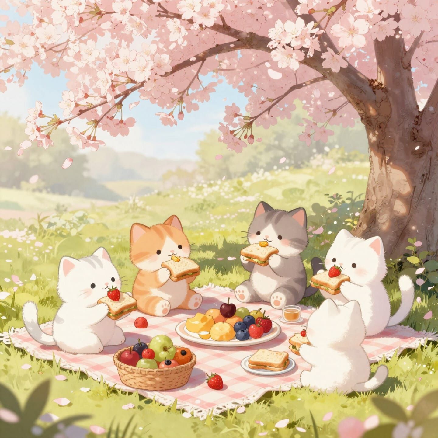 Kittens Picnic Under Cherry Blossoms