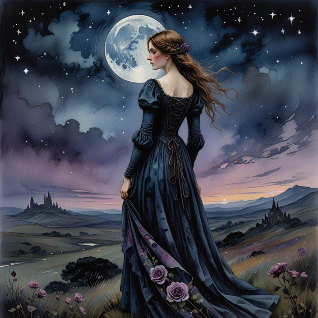 Gothic Lady on Moonlit Moor in Pre-Raphaelite Style