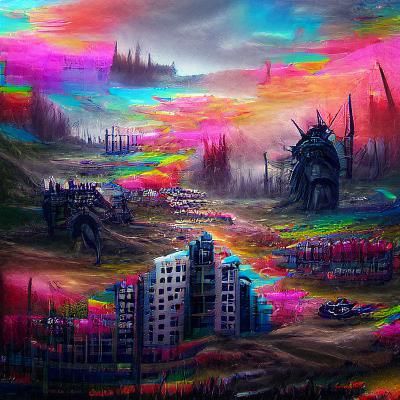 Colorful Dystopian Battlefield by Greg Rutkowski