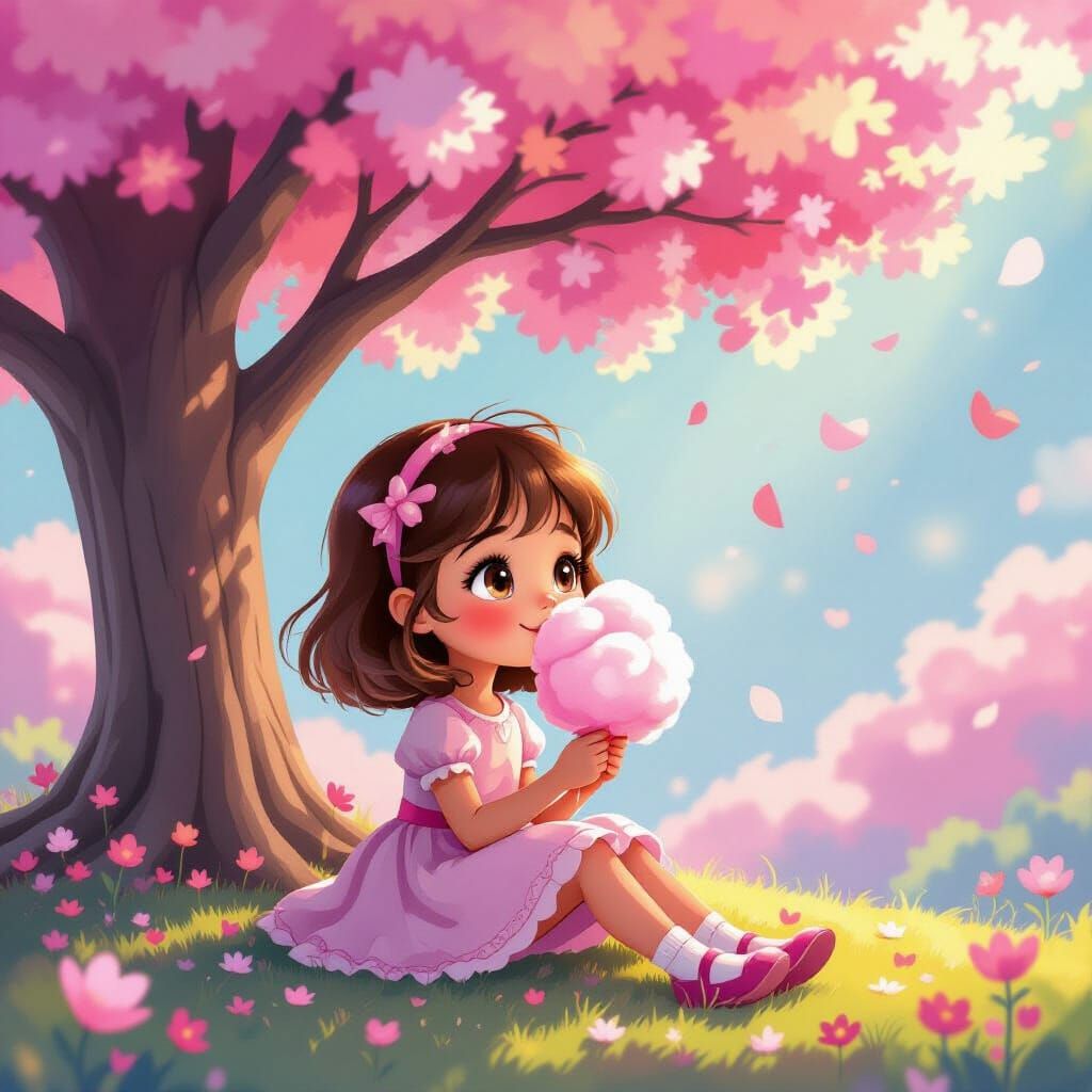 Girl Enjoys Cotton Candy Under Candy Blossom Tree