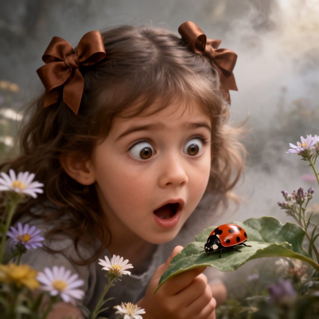 Amazed Girl Sees Ladybug in Ethereal Glow