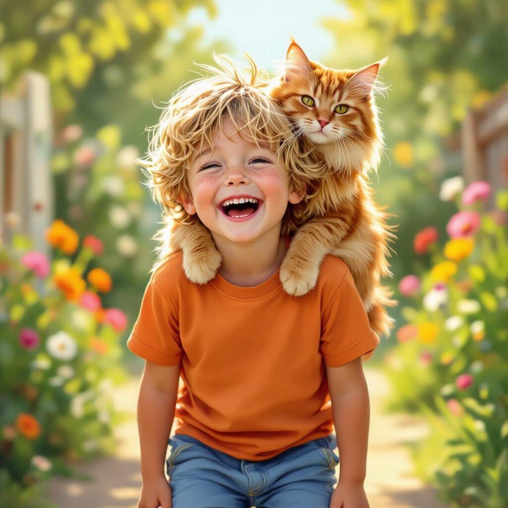 Boy Laughing with Fluffy Ginger Cat on Shoulders