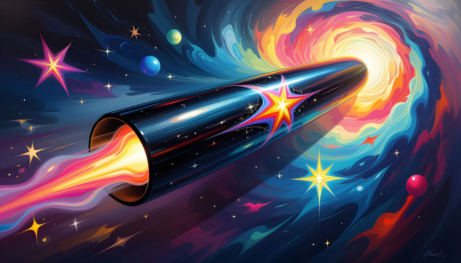 Black Cylinder Races Through Kandinsky-Inspired Star Vortex