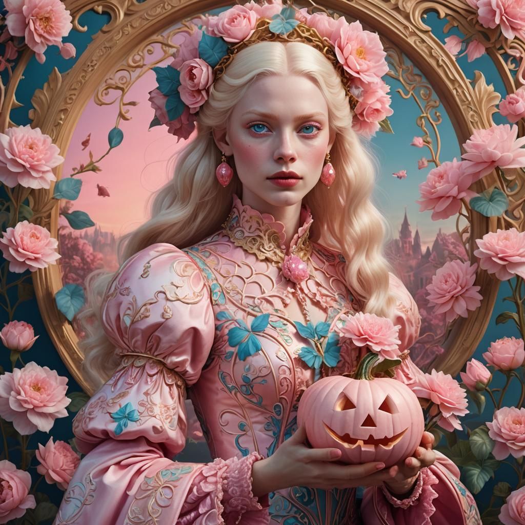 Albino Supermodel in Baroque Style with Jack-o-lantern