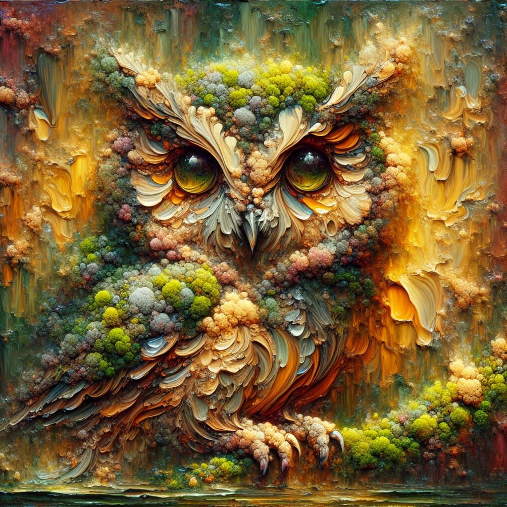 Earth-Toned Owl Art in Vibrant Impasto and Glaze Style