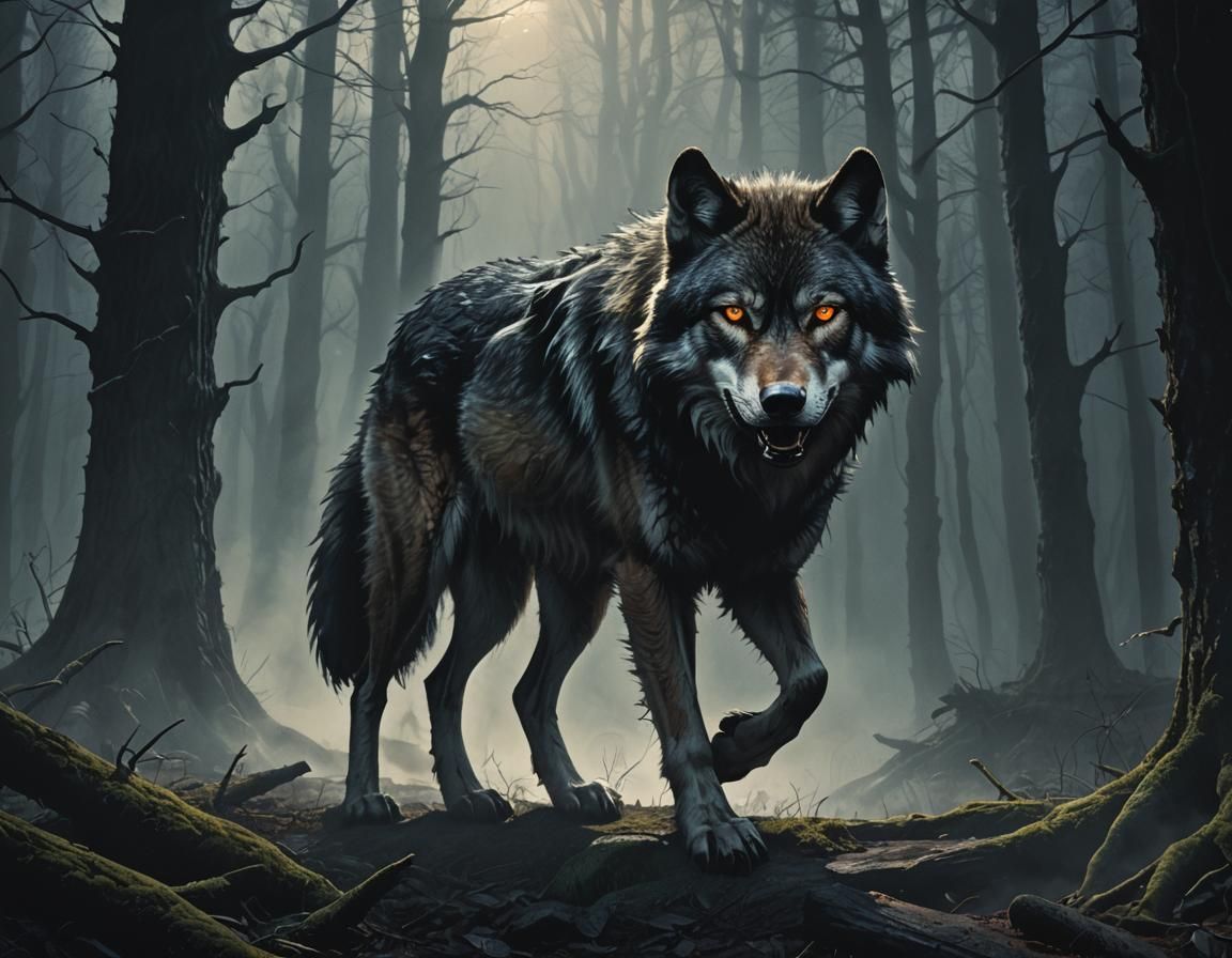 Eerie Wolf Emerges from Dark Forest