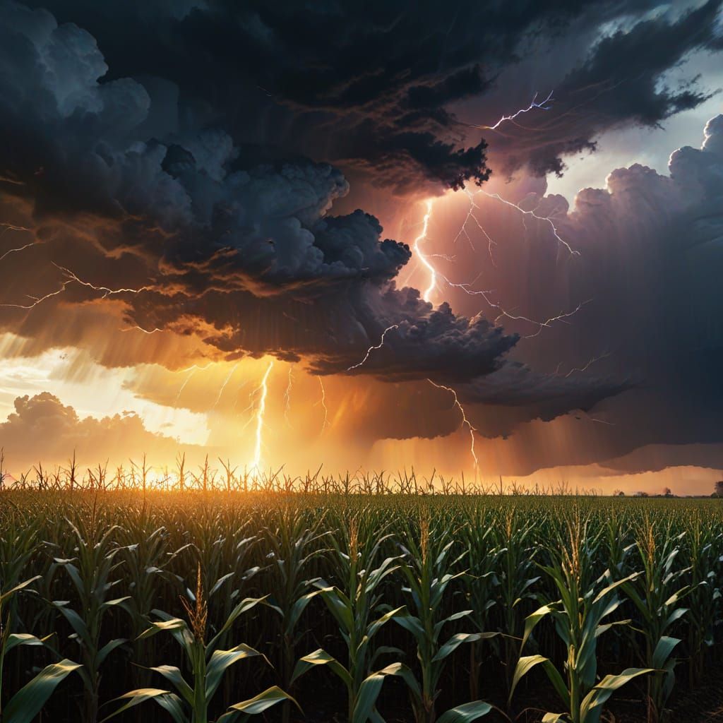 Electric Storm Strikes Cornfield: Dramatic Oil Painting