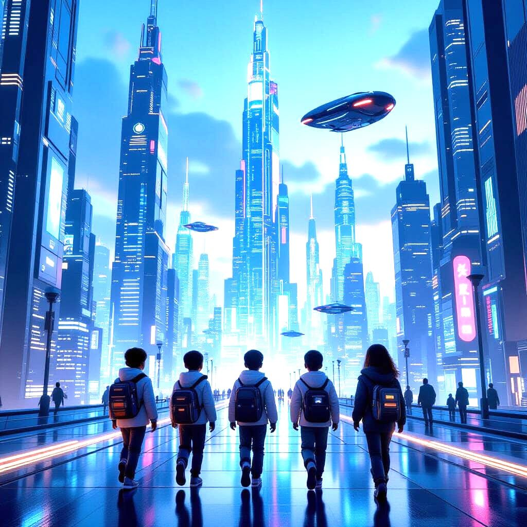 Futuristic Cityscape with Kids in 8K Cinematic Style
