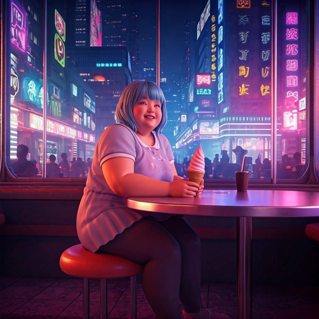 Chubby Woman Enjoys Ice Cream: 3D Anime Art