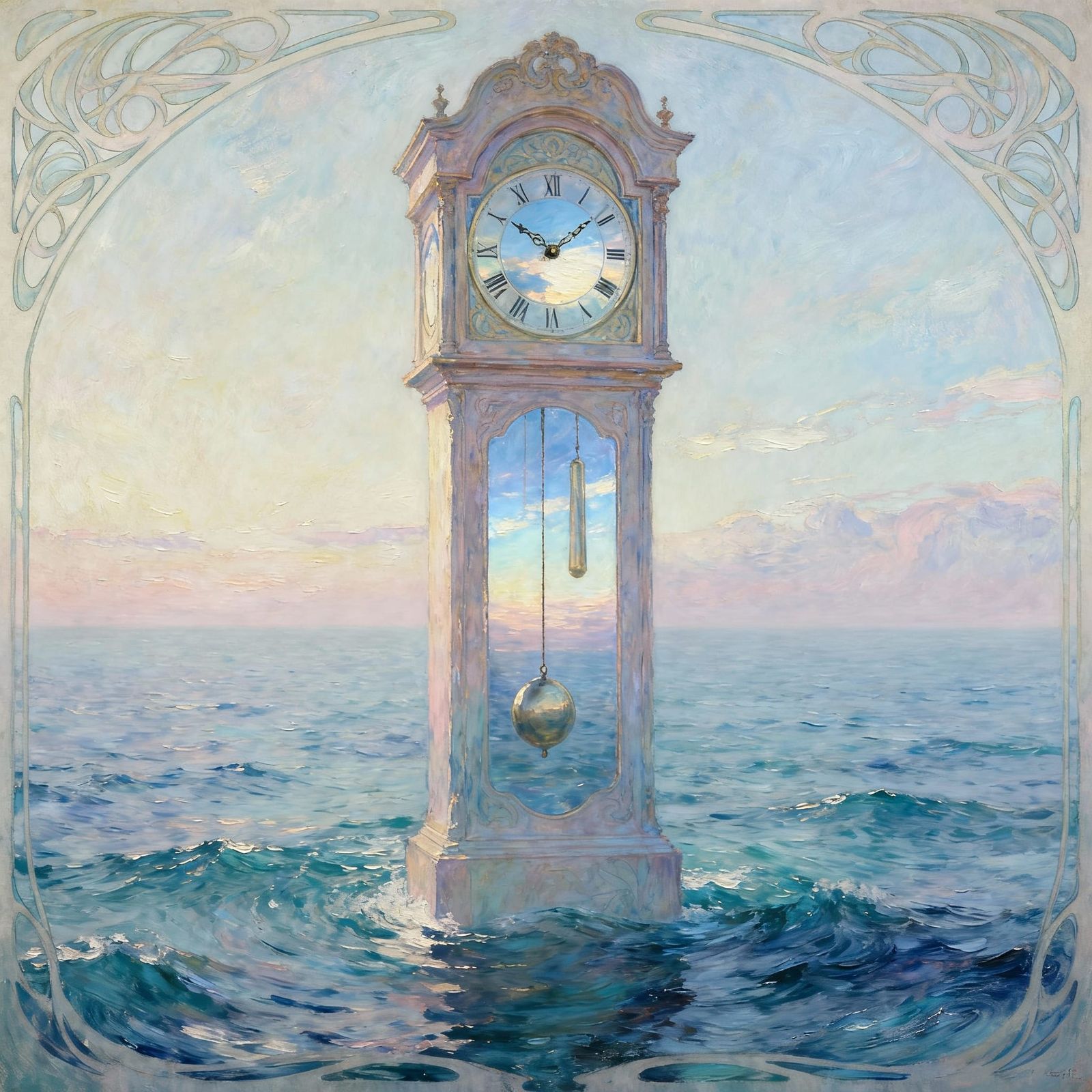 Colossal Grandfather Clock in Vast Ocean, Art Nouveau Style