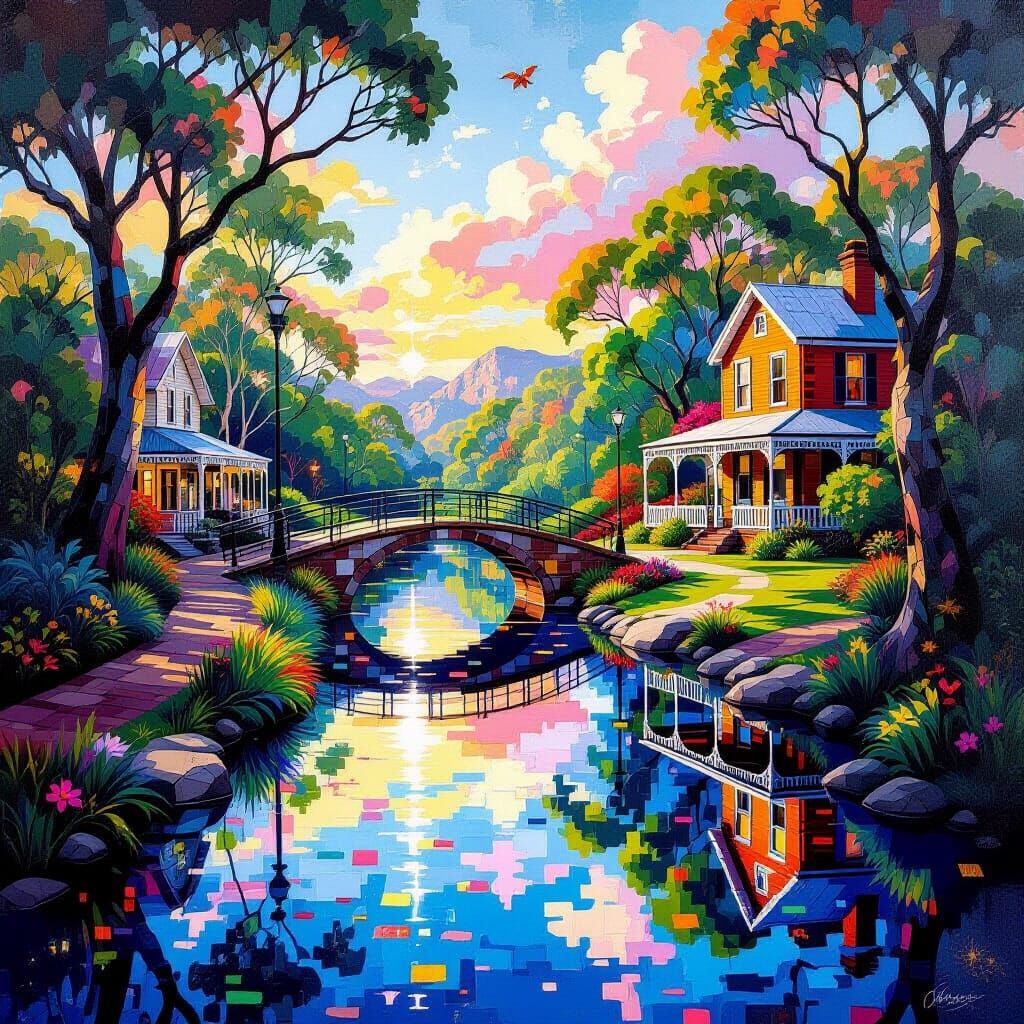 Surreal Landscape with Waterfall in Art Deco Style