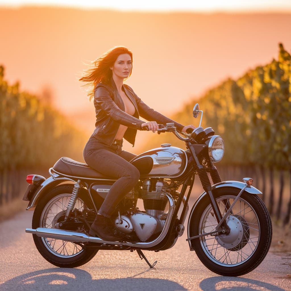 Woman on Vintage Motorcycle in Tuscan Sunset