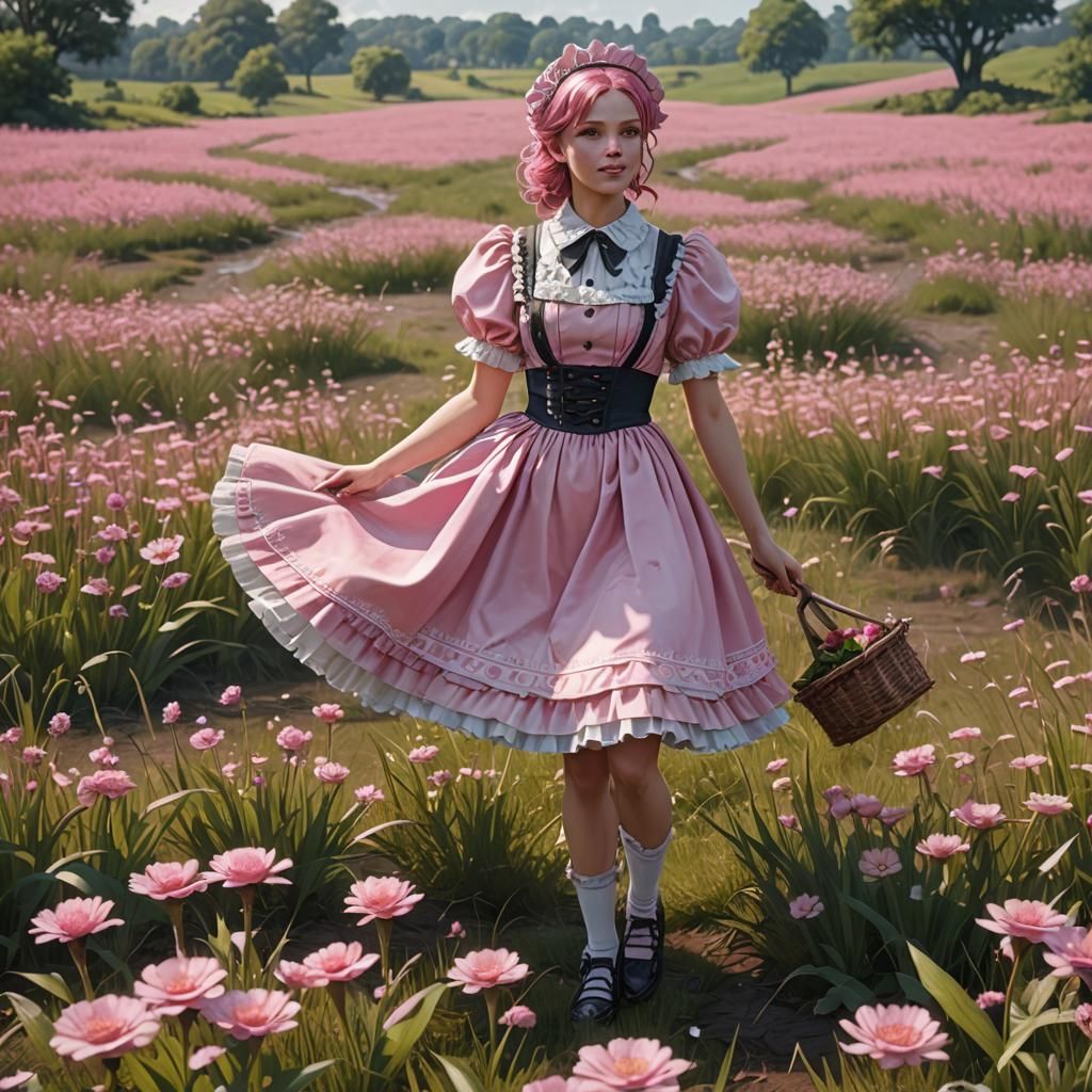 Pretty Pink Sissy Maid in Blissful Field, Matte Painting