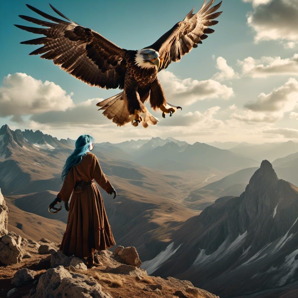 Majestic Falconer with Eagle on Mountain Peak