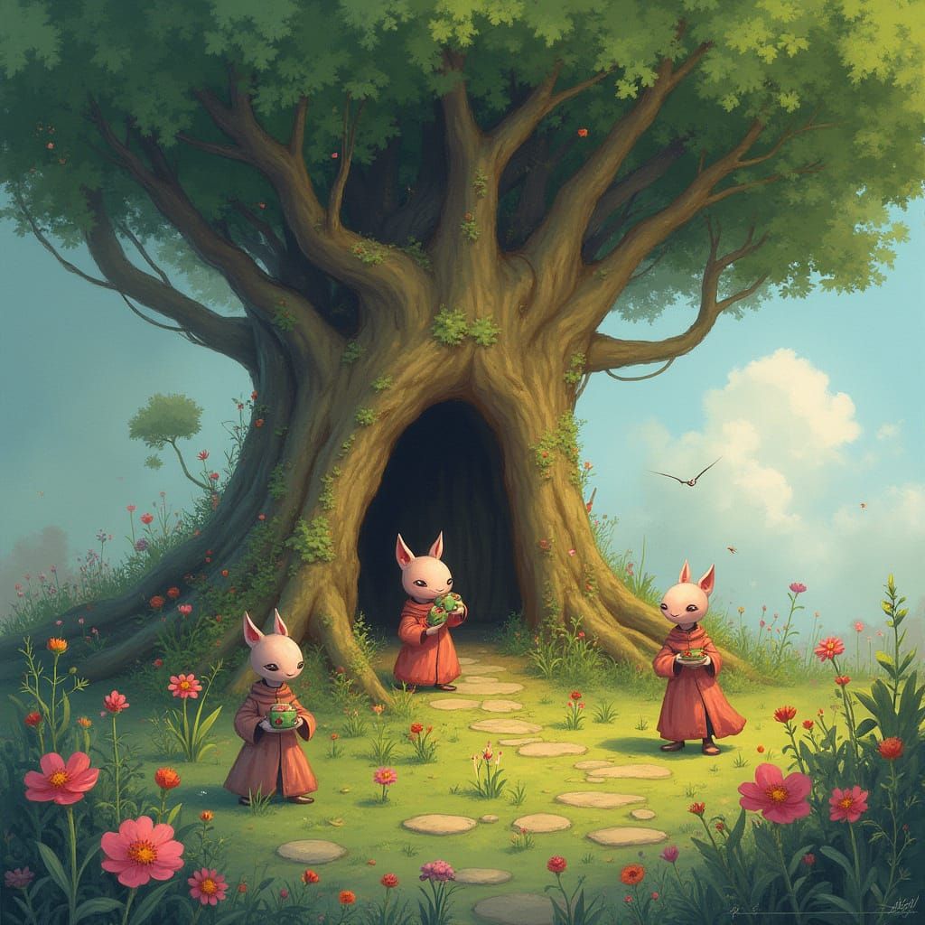 Glowing Alien Garden in Hollow Tree, Watercolor Style