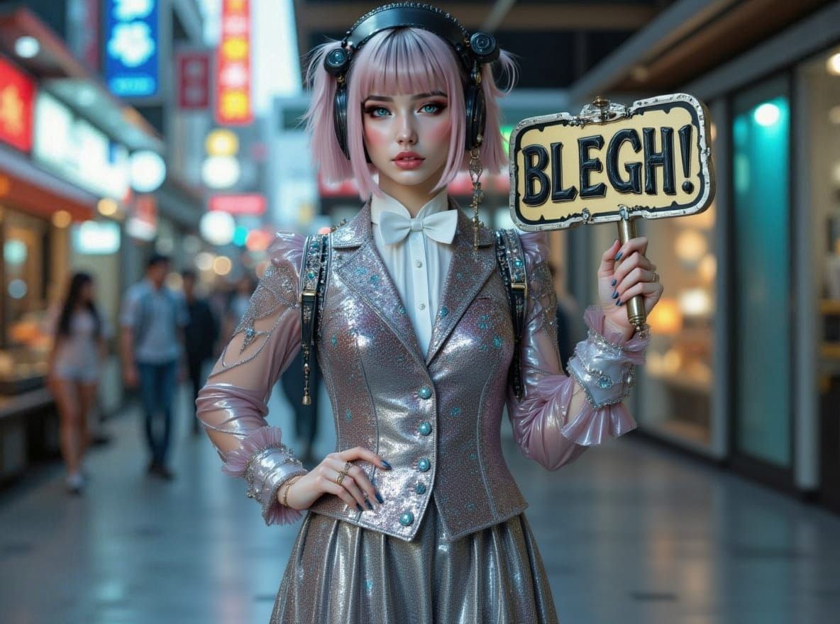 Victorian Chrome Tuxedo Girl Holds "BLEGH!" Sign