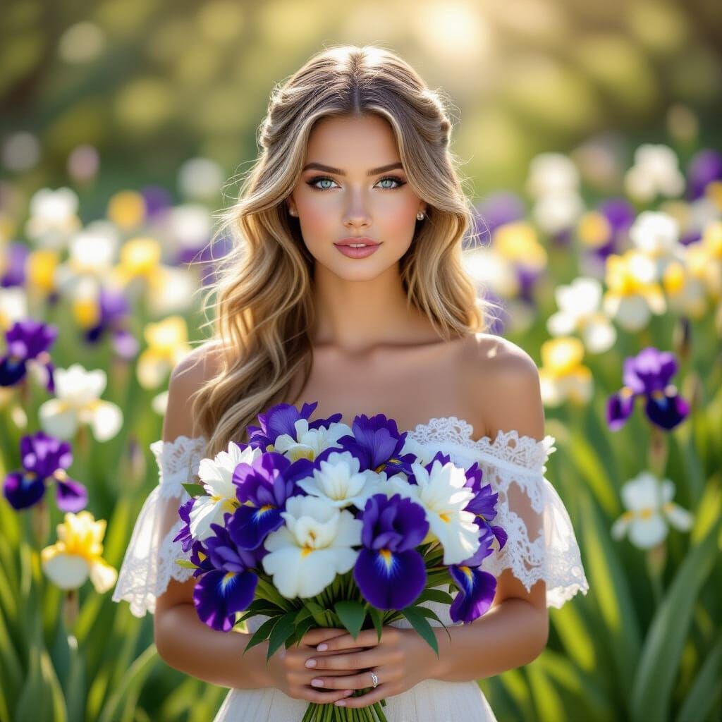 Realistic Portrait of a Woman in an Iris Garden