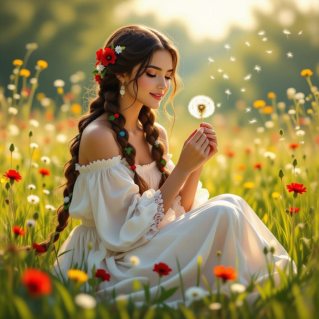 Woman in Meadow with Flowers: Art Nouveau Style