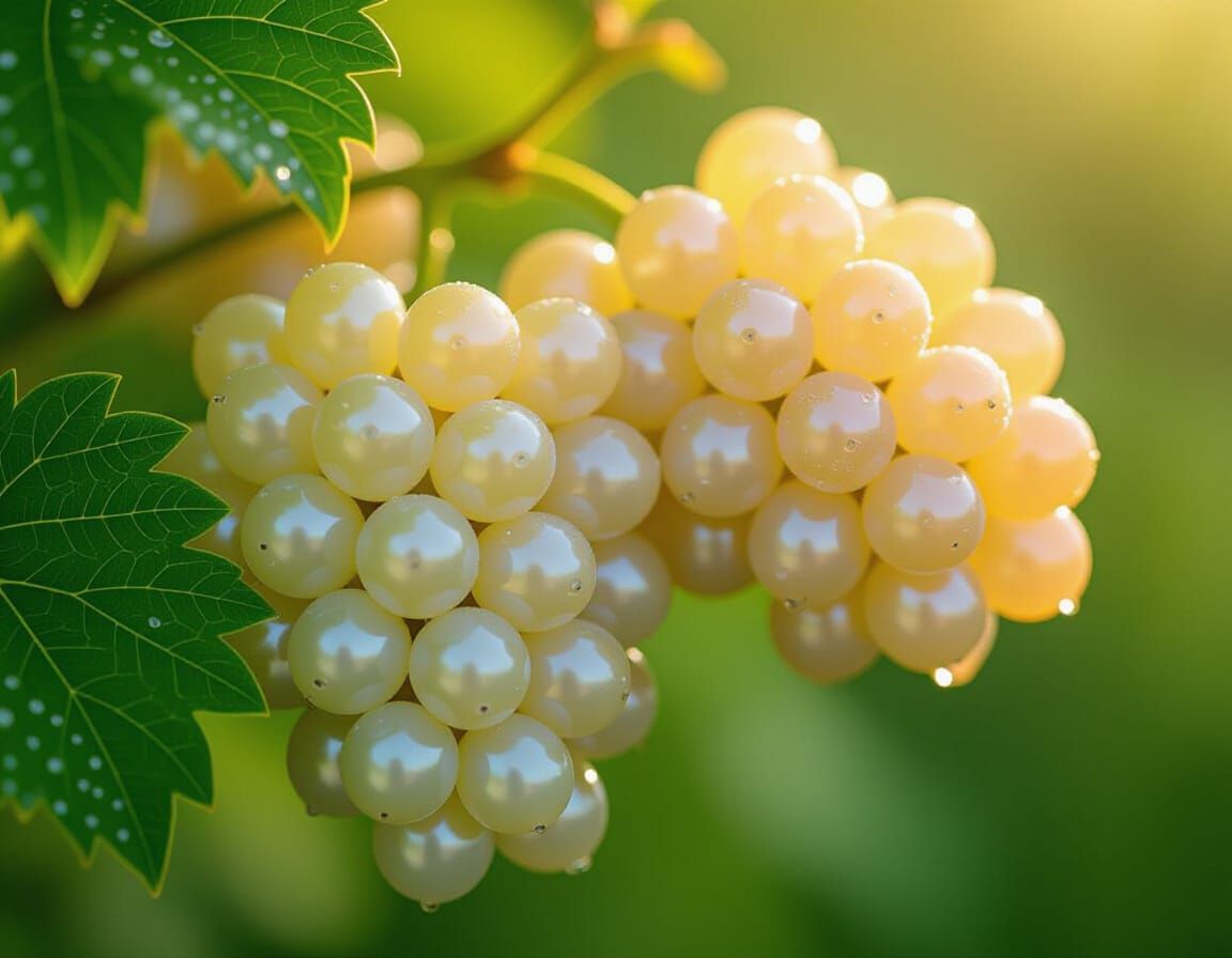 Pearl-Like Grapes Glistening with Dew: Macro Photography