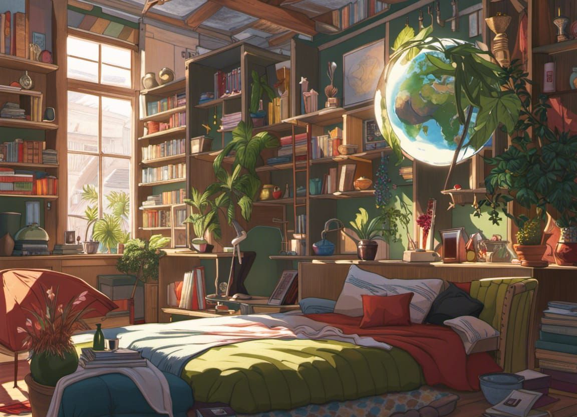 Fantasy Bedroom with Kitten: Detailed Digital Art