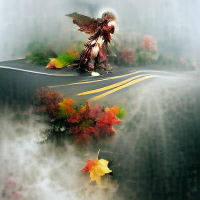 Angelic Figure on Foggy Autumn Road