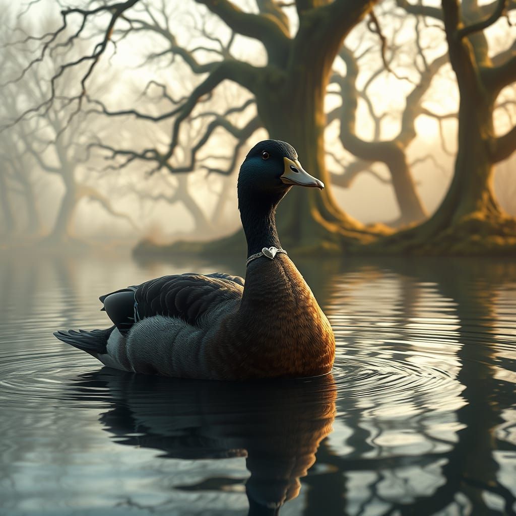 Duck with Heart Locket on Serene Lake at Dawn