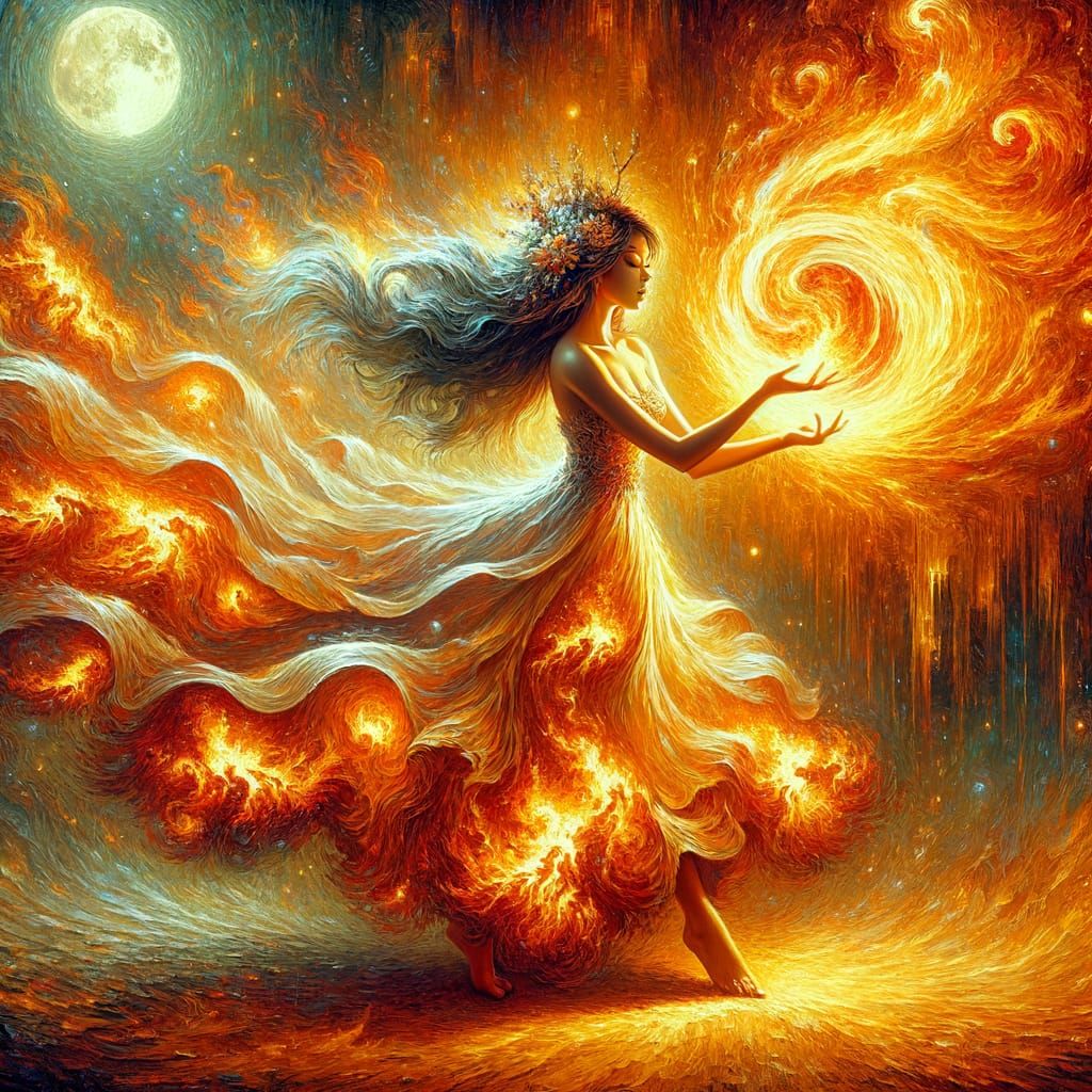 Girl Dancing with Fire as Digital Impasto Art